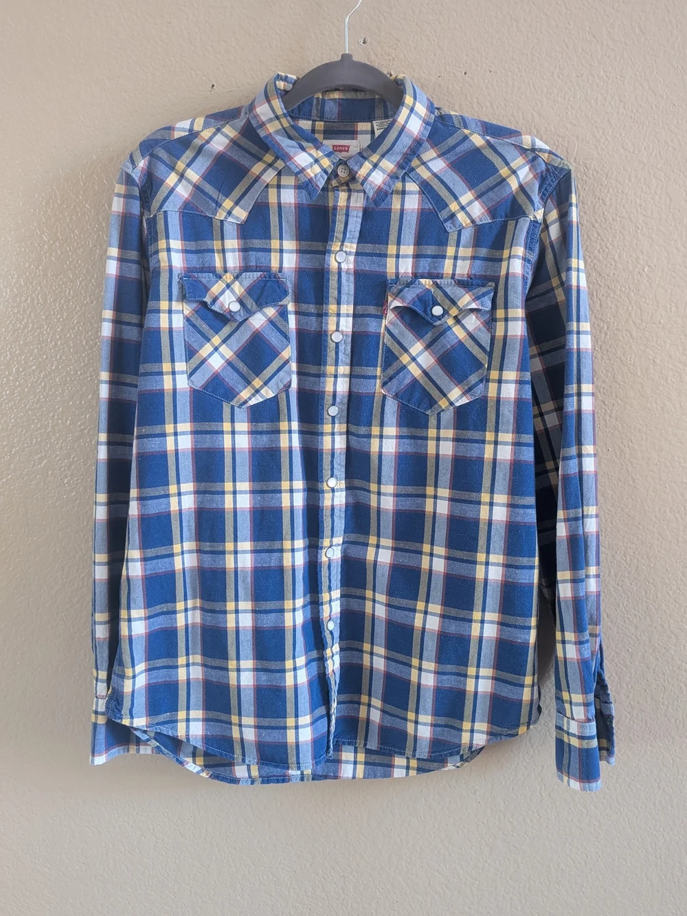 Levi's Mens Western Shirt Pearl Snap Plaid Blue Yellow White Yoke Large L 66986